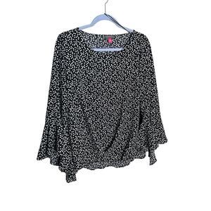 Vince Camuto Polka Dot Flutter Bell Sleeve Blouse Black/White Womens Size L NEW